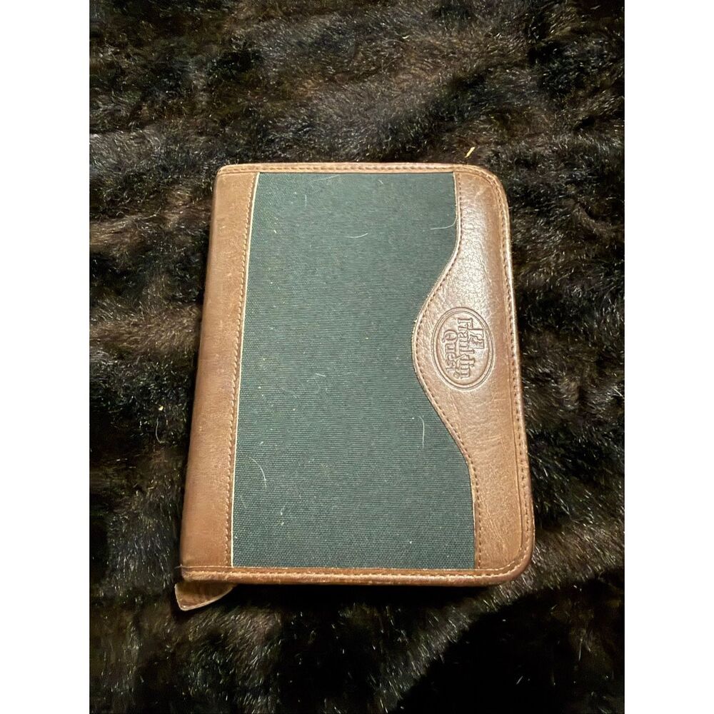 Franklin Quest Pre-Covey Green Line Canvas Brown Leather Trim Planner 6 Ring Zip